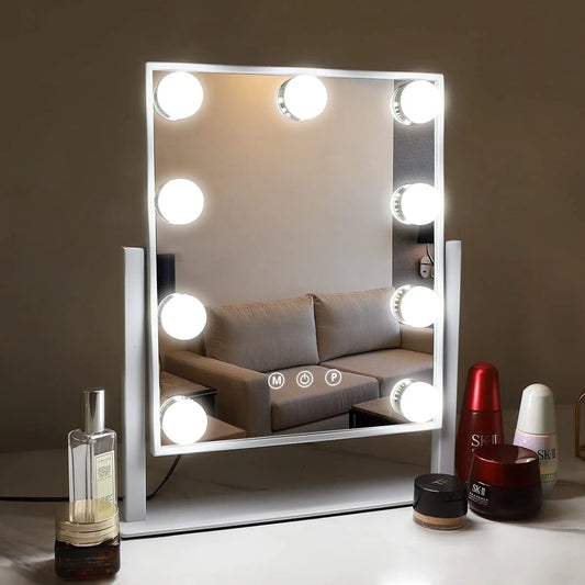 12''X14'' Vanity Makeup Mirror with Lights 360° Swivel Tabletop Metal White