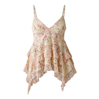 Retro Floral Chiffon Slimming Lace Flounce Strap Top