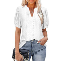 Spring & Summer Casual V-neck Solid Color Hollow-out Puff Sleeve Loose T-shirt Summer Shirt For Women