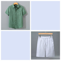 Men's Pure Linen Shorts and Short Sleeve Shirt Set - Summer Loose Casual Lightweight Outfit - Premium Apparel Deal | Everyday Home Deal