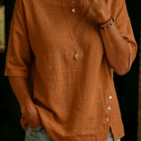 Asymmetrical Button Design Round Neck Loose-fitting Casual Top