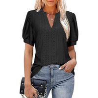 Spring & Summer Casual V-neck Solid Color Hollow-out Puff Sleeve Loose T-shirt Summer Shirt For Women