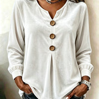 Elegant V-neck Buttoned Long-sleeve Velvet Blouse For Women