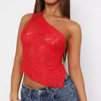 Ins Lace Backless Top Summer Solid Color Waistless Asymmetrical Sloped Neck Vest Streetwear Womens Clothes