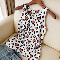 Loving-heart Leopard-print Knitted Vest Crew Neck Slim-fit Breathable