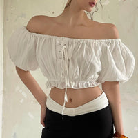 Street Girl Style One-shoulder Pleated Bubble Short-sleeved Shirt