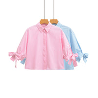 European And American-style Short Striped Blouse With A Bow Detail