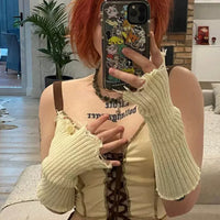 1pair Black Tattered Punk Unisex Fingerless Cuff Knit Gloves