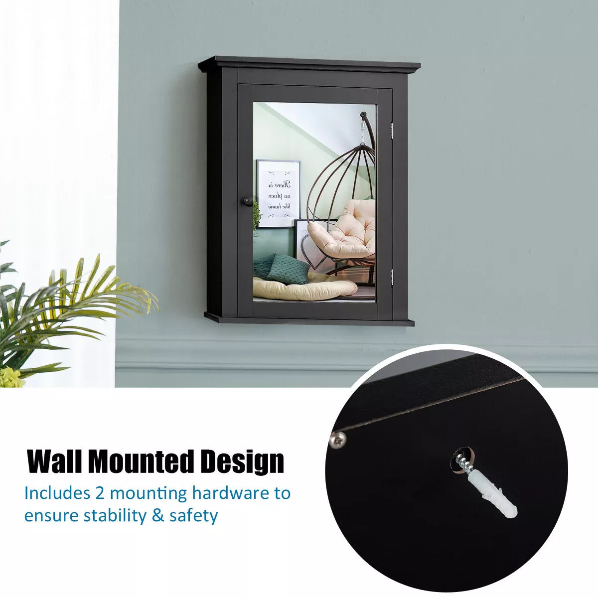 Costway room Mirror Cabinet Wall Mounted Adjustable Shelf Medicine Grey/Black