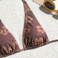 Women's Brown Hibiscus Floral Triangle Bikini Set, Tie-Side Halter Top & Cheeky Bottom, 2 Piece Tropical Swimsuit