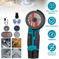 1Set 12V Cordless Mini Angle Grinder Hand Polishing Grinding Machine Cordless Cutter Grinding Tool With 7Pcs Disc 2Pcs 1100mAh Batteries And Charger Hex Key