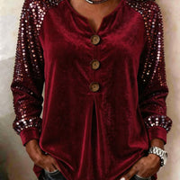 Button And Sequin Long-sleeve Womens Casual Top