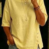Asymmetrical Button Design Round Neck Loose-fitting Casual Top