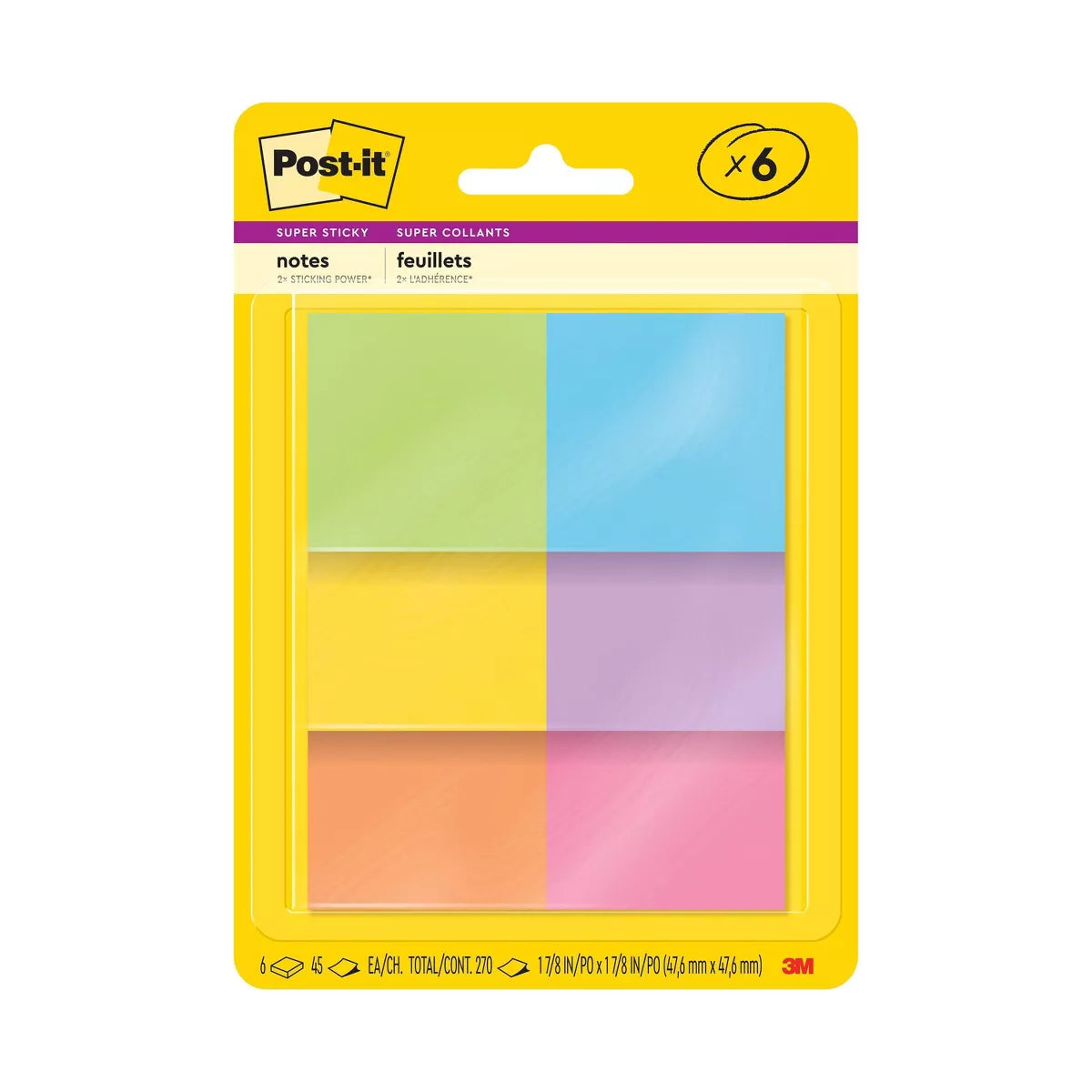 Post-It® Super Sticky Notes, 1 7/8 In. X 1 7/8 In., Energy Boost Collection, 6 Pads/Pack, 45 Sheets/Pad: Multicolor, Uncoated Paper