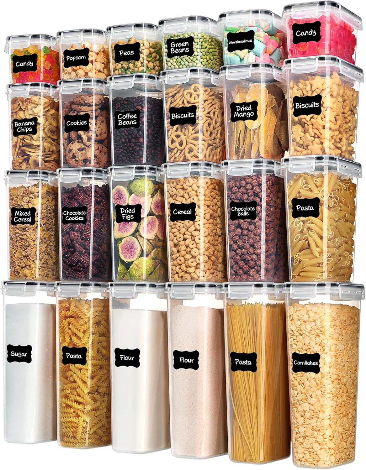Airtight Food Storage Containers with Lids, 24 Pcs Plastic Kitchen and Pantry Organization Canisters for Cereal, Dry Food, Flour and Sugar, BPA Free, Includes 24 Labelsï¼ŒBlack
