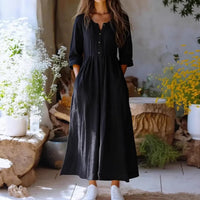 Womens Solid-color Long-sleeve Retro Cotton-linen Dress