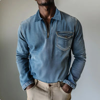 Mens Top Half-zip Lapel Denim Long-sleeve Shirt