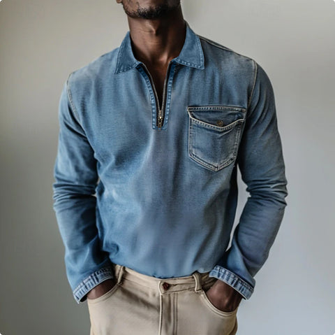 Mens Top Half-zip Lapel Denim Long-sleeve Shirt - Premium Apparel Deal | Everyday Home Deal
