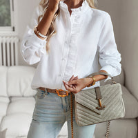 Striped Long Sleeve Shirt Fashion Ruffle Design Button Up Tops Casual Office Blouse Elegant Commuting Women's Clothing