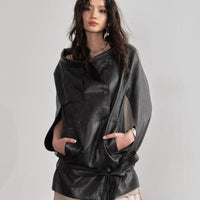 Ebony Brown PU Leather Cloak-Style Cape Jacket