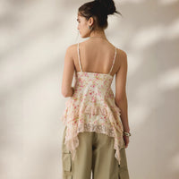 Retro Floral Chiffon Slimming Lace Flounce Strap Top