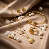 Women’s Gold Shell Jewelry Set – Stainless Steel Necklace, Bangle, Earrings & Ring | Everyday Home Deal