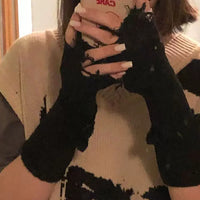 1pair Black Tattered Punk Unisex Fingerless Cuff Knit Gloves