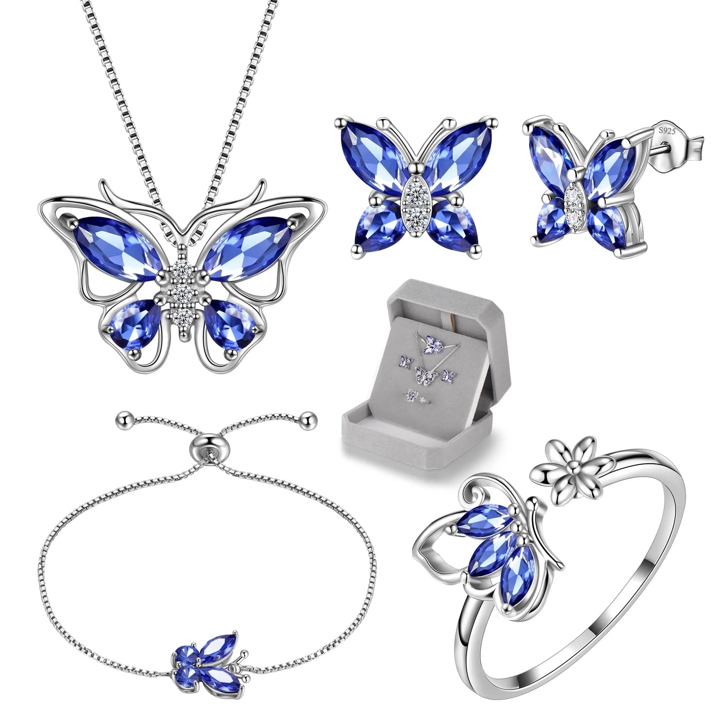 December Birthstone Jewelry Sets Fine Necklace/Earrings/Ring/Bracelet 925 Sterling Silver Blue Butterfly Tanzanite Women Christmas Valentines Birthday Mother'S Day Gifts