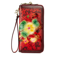 Genuine Leather Long Wallet Bag Hand-Painted Finish Zipper Closure Full-Grain Cowhide Clutch
