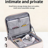 Front Opening Luggage Compartment With Front Open Tray And 20 Inch Cabin, Expandable Folding Cup Holder, Hidden Phone Holder, Dual USB Chargers. Travel Carrier