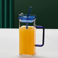 Blue Borosilicate Glass Cup with Straw & Lid | Square Drink Cup | Everyday Home Deal