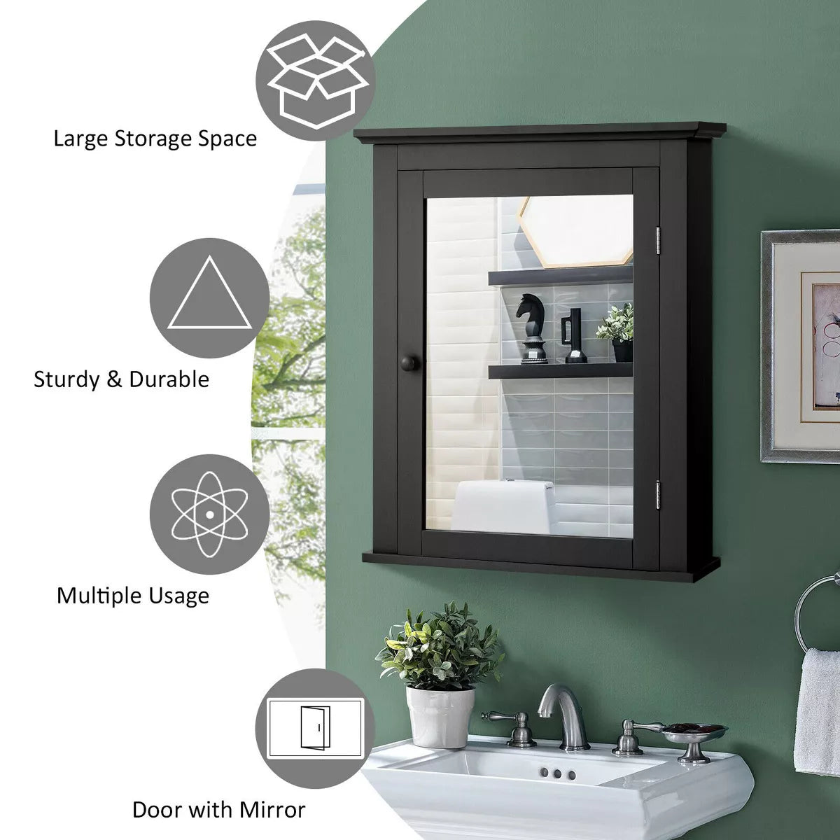 Costway room Mirror Cabinet Wall Mounted Adjustable Shelf Medicine Grey/Black