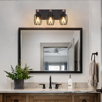 18inch Industrial Vintage 3-Light Wall Sconce - Black Cage Wall Lighting Fixture With Wooden Accents For Bathroom, Hallway, Or Living Room Bulb Not Included