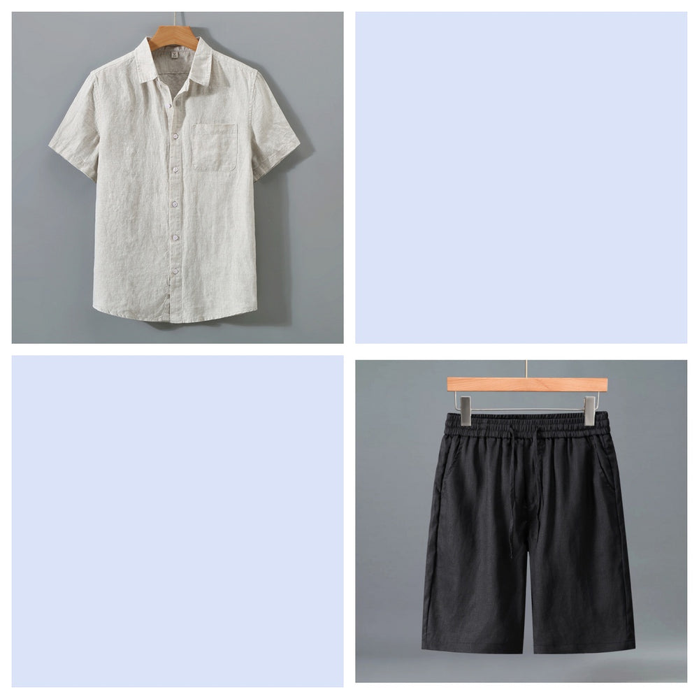 Men's Pure Linen Shorts and Short Sleeve Shirt Set - Summer Loose Casual Lightweight Outfit - Premium Apparel Deal | Everyday Home Deal