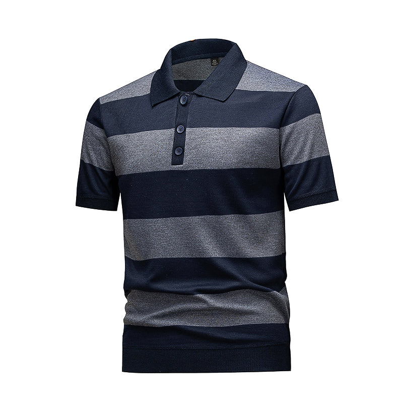 Men's Navy & Grey Horizontal Striped Knit Polo Shirt - Premium Apparel Deal | Everyday Home Deal