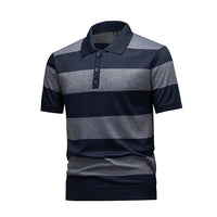 Men's Navy & Grey Horizontal Striped Knit Polo Shirt - Premium Apparel Deal | Everyday Home Deal