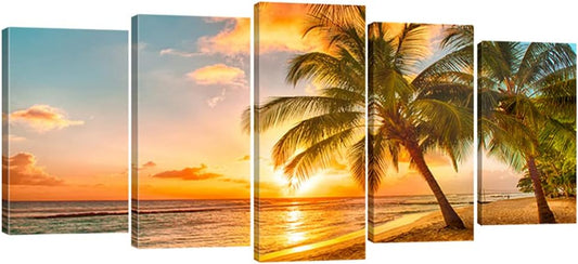 Cozy Sea Extra Large Modern Ocean Sunset Sea Beach Canvas Prints Pictures Paintings on Canvas Wall Art for Home Decor 5 Panels Gallery Wrapped Tropical Scenery Seascape Giclee Artwork