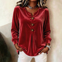 Elegant V-neck Buttoned Long-sleeve Velvet Blouse For Women