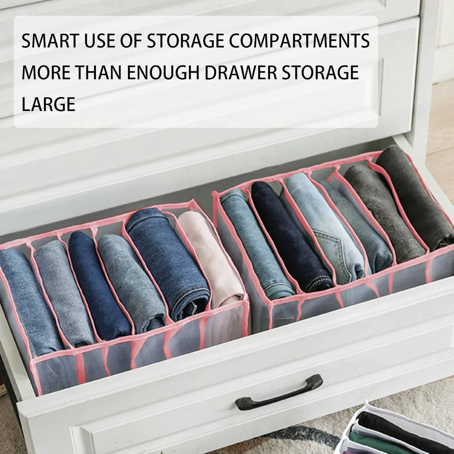 2PCS Wardrobe Clothes Organizer, Drawer Organizer Clothes Organizer Wardrobe Organizer Jeans Compartment Storage Box Foldable Closet Drawer Organizer, Mesh Clothes Organizer for Folded Clothes, Pink