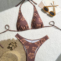 Women's Brown Hibiscus Floral Triangle Bikini Set, Tie-Side Halter Top & Cheeky Bottom, 2 Piece Tropical Swimsuit