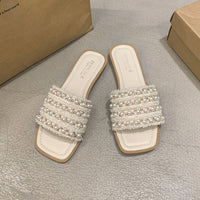 Pearl-embellished Flat Slide Sandals For Women