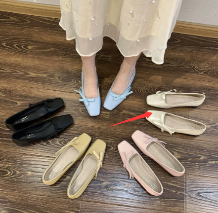 Milk-yellow Square-toe Low-cut Gentle Pumps