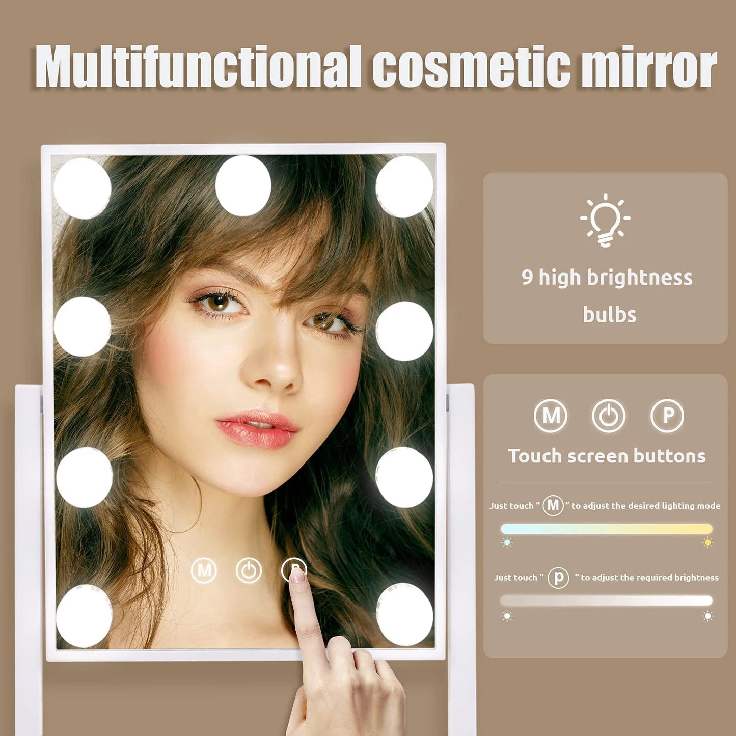 12''X14'' Vanity Makeup Mirror with Lights 360° Swivel Tabletop Metal White