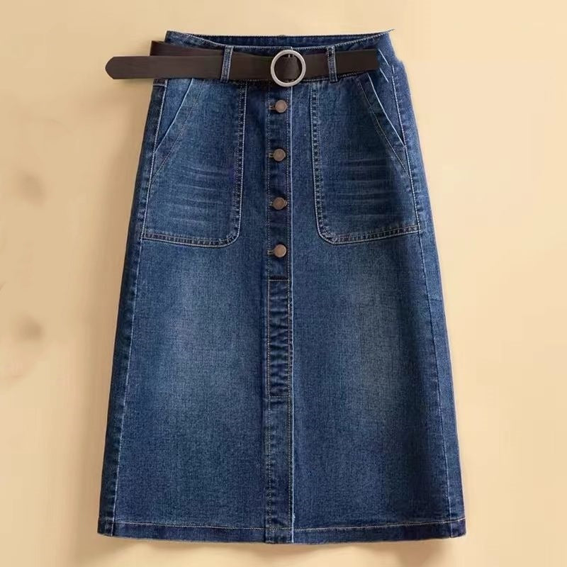 High-waisted Slimming Mid-length Washed Cotton A-line Dress With Button Placket