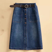 High-waisted Slimming Mid-length Washed Cotton A-line Dress With Button Placket