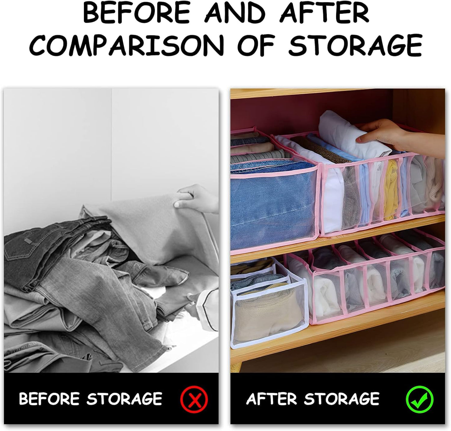 2PCS Wardrobe Clothes Organizer, Drawer Organizer Clothes Organizer Wardrobe Organizer Jeans Compartment Storage Box Foldable Closet Drawer Organizer, Mesh Clothes Organizer for Folded Clothes, Pink