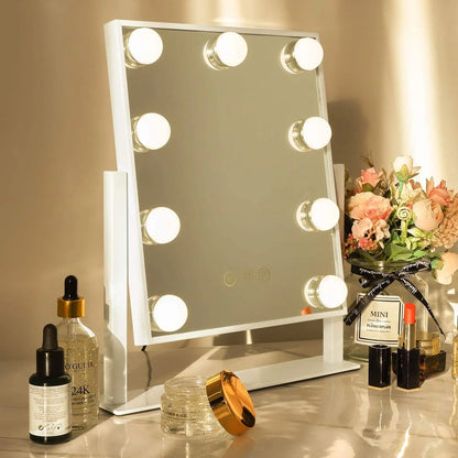 12''X14'' Vanity Makeup Mirror with Lights 360° Swivel Tabletop Metal White