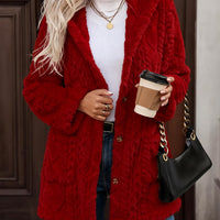 Hooded Solid-Color Cardigan With Buttons, Long-Sleeve Casual Jacket