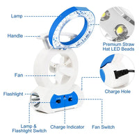 Desk Cooling Fan W/180°Adjustable LED Lamp Baby Stroller Fan Emergency Flashlight Torch