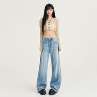 Womens Light-blue Washed Wide-leg Jeans